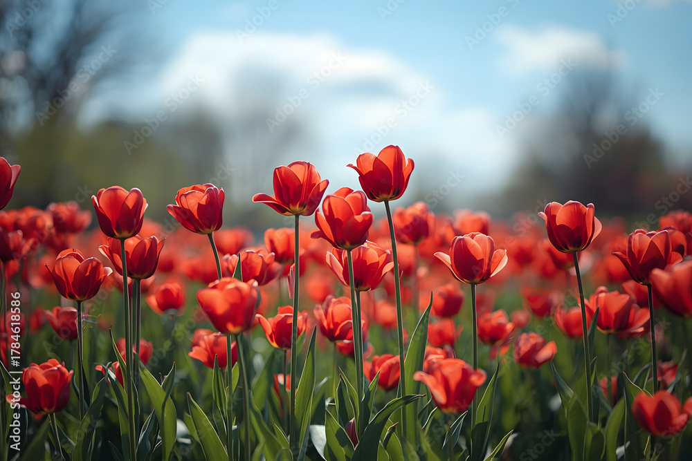 Naklejka premium Red tulip garden in spring background or pattern. Red tulip garden or field in spring background, pattern or texture