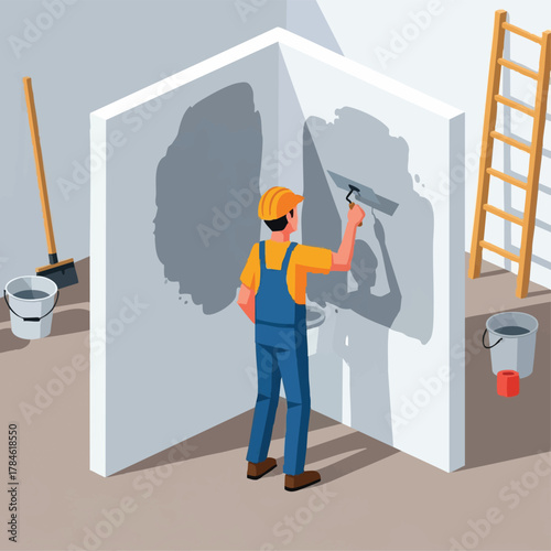 A construction worker in a hard hat and overalls is diligently applying plaster to a wall with a trowel, performing essential home renovation tasks.