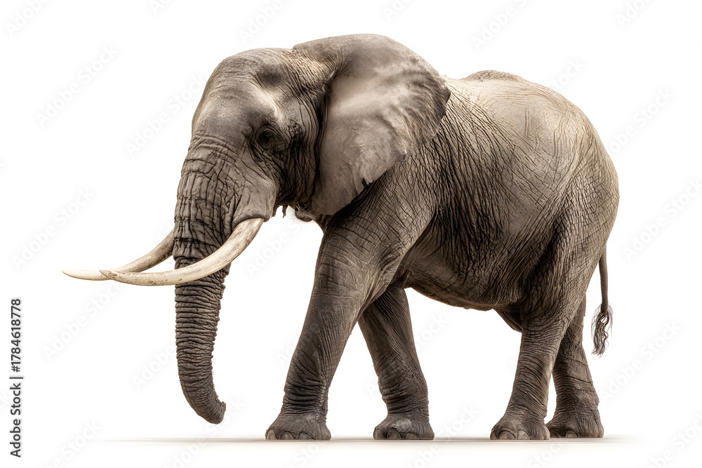 Fototapeta premium An elephant walks with large tusks against a white background.