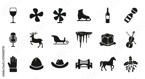 Black and White Icons Collection Winter Holiday Season, Recreation and Nostalgic Objects