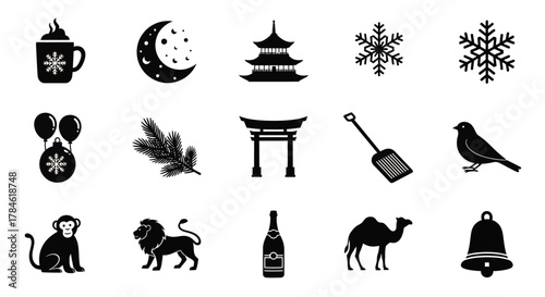 Festive Icons Collection Winter, Animals, and Celebrations Set in Black and White Design