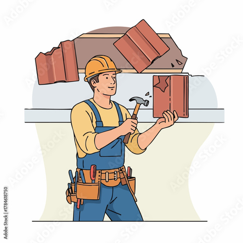 A diligent construction worker wearing a hard hat and tool belt is carefully inspecting a broken roof tile with a hammer, symbolizing roof repair and maintenance.