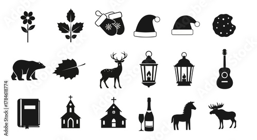 Vector Icons Winter, Holidays, Nature, Wildlife, Music, and Religion in Black and White