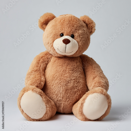 A smiling and cheerful teddy bear sits politely on the floor.