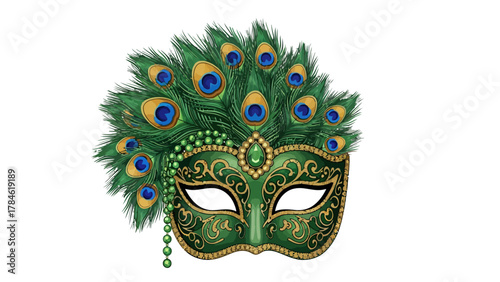 A green Venetian mask adorned with peacock feathers and beads