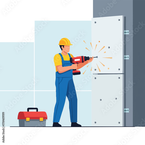 A construction worker uses a power drill to install a panel on a wall, with a toolbox nearby, illustrating building and repair work.