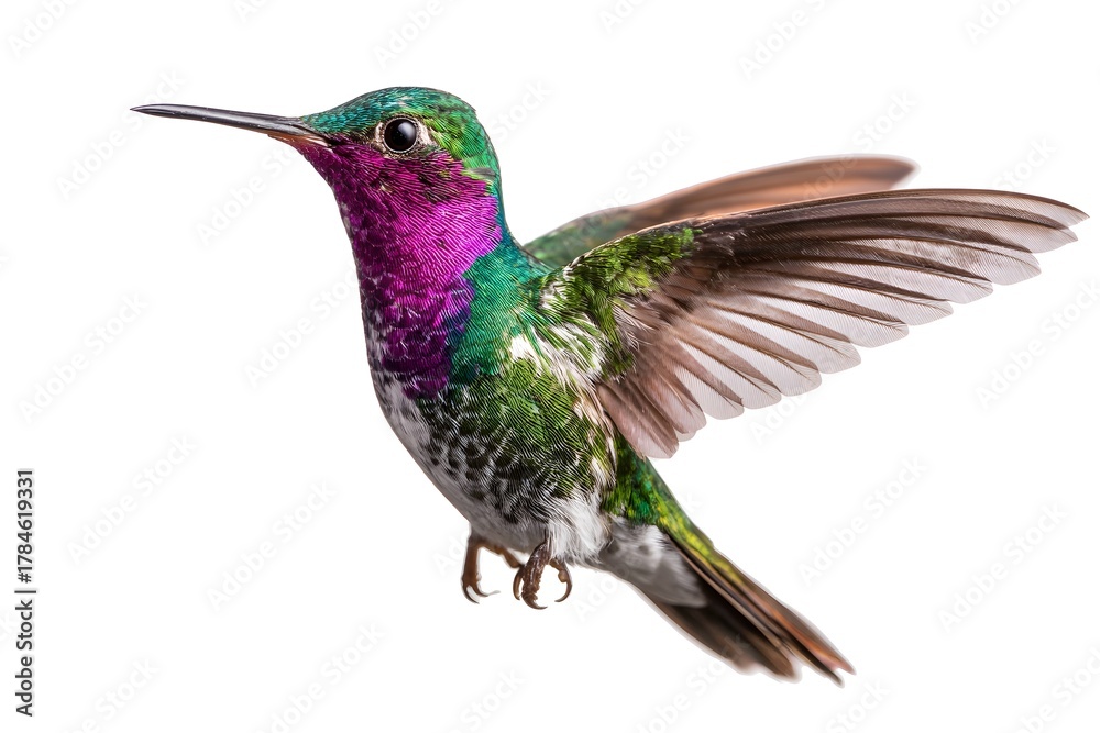Obraz premium A colorful hummingbird hovers with wings outstretched against a white background.
