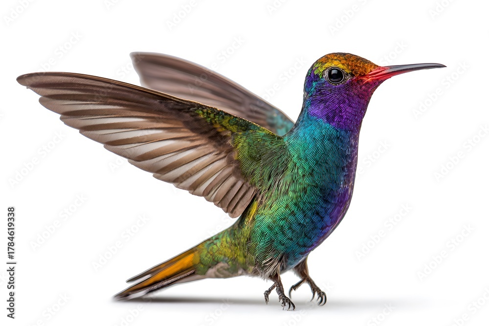 Obraz premium A small Hummingbird with colorful feathers hovers in the air with its wings spread wide on a white background.