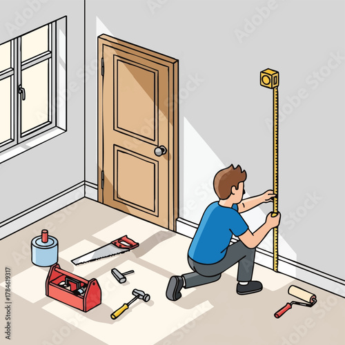 A man kneels measuring a wall with a tape measure in a room with tools, door, and window, preparing for home improvement.