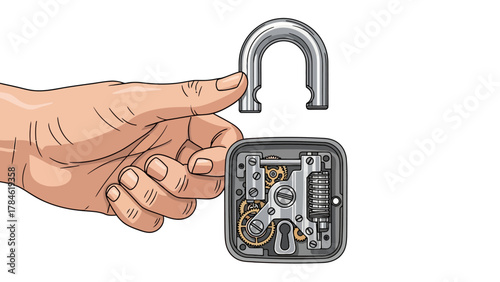 A hand holds the shackle of an open lock revealing intricate gears and mechanisms