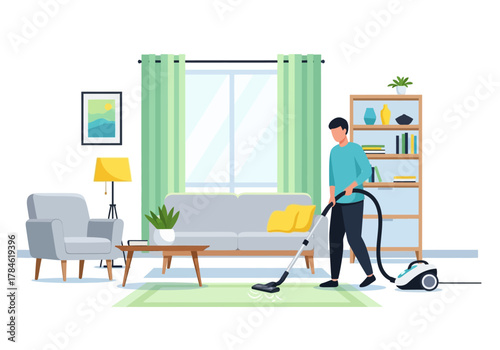Illustration of a Man Performing a Household Task, Vacuuming a Green Rug in a Cozy and Cheerful Living Room