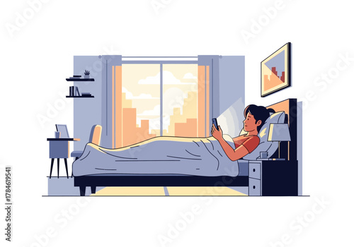 Illustration of a Woman Comfortably Lying in Bed in the Morning and Looking at Her Phone in the Bedroom