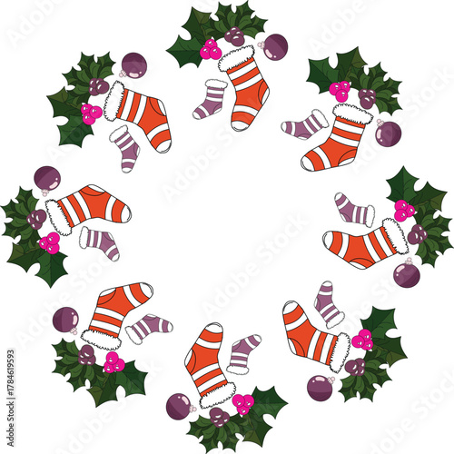  Christmas Holly Stockings and Baubles Frame Keywords christmas, holly, frame, border, stockings.