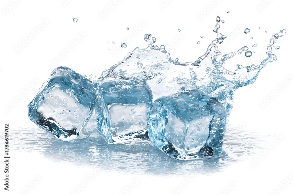 Obraz premium Clear water splashes over glistening ice cubes on a white surface.