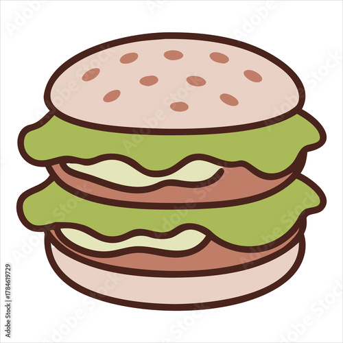 Savory double hamburger illustration featuring fresh toppings for food menus and fast food graphics