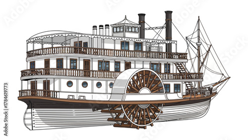 A multidecked paddlewheel riverboat with sails