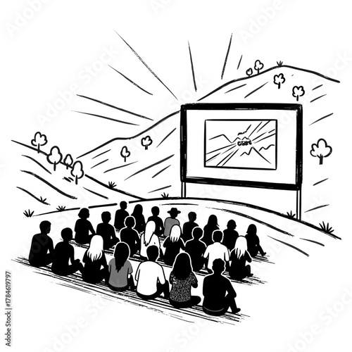 Audience silhouettes watching film on mountainside during Sundance Film Festival  