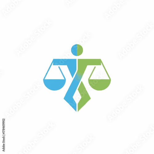 Abstract Justice Symbol Featuring Scales and Human Figure in Green and Blue.