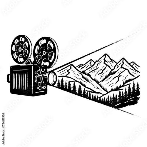 Film projector casting mountain scenery on screen for Sundance Film Festival  