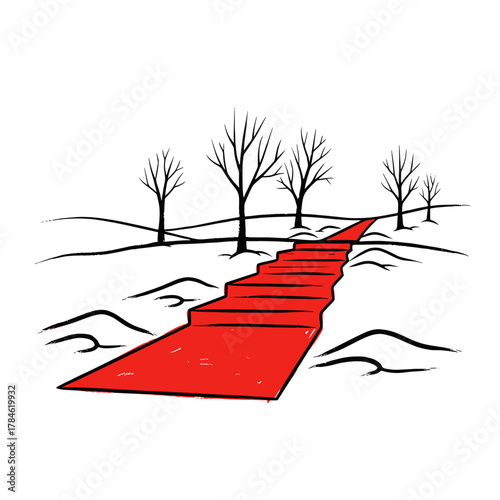Red carpet leading through snowy landscape with bare trees, concept of Sundance Film Festival  