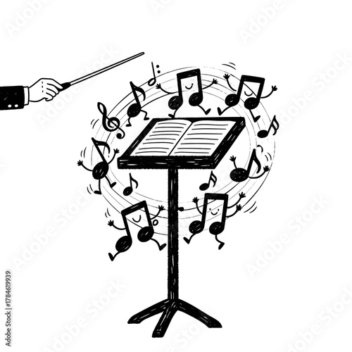 Conductor waving baton beside music stand with floating musical notes  