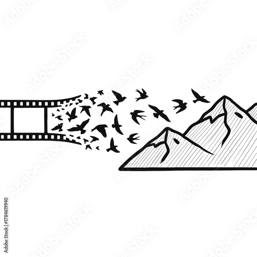 Film strip transforming into flying birds over mountain landscape, concept of Sundance Film Festival  