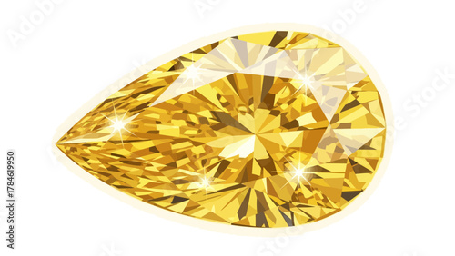 A pearshaped yellow diamond with faceted surfaces and light reflections