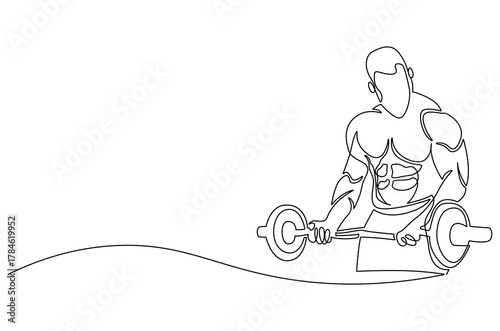 Continuous one line drawing of Young man bicep curls with a barbell. Single line drawing illustration of Man train biceps with barbell in gym. Strong man concept vector art. Doodle line illustration.