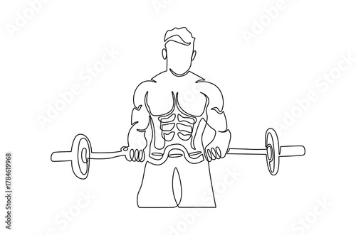 Continuous one line drawing of Young man bicep curls with a barbell. Single line drawing illustration of Man train biceps with barbell in gym. Strong man concept vector art. Doodle line illustration.