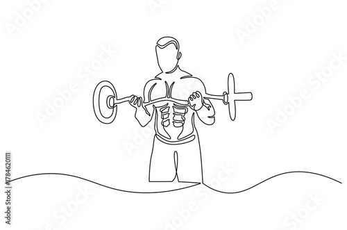 Continuous one line drawing of Young man bicep curls with a barbell. Single line drawing illustration of Man train biceps with barbell in gym. Strong man concept vector art. Doodle line illustration.