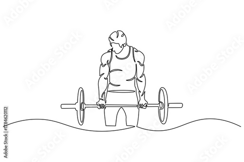 Continuous one line drawing of Young man bicep curls with a barbell. Single line drawing illustration of Man train biceps with barbell in gym. Strong man concept vector art. Doodle line illustration.