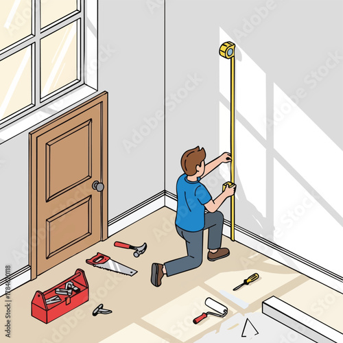 A person kneels, measuring a wall with a tape measure, surrounded by tools, preparing for home renovation inside a room.