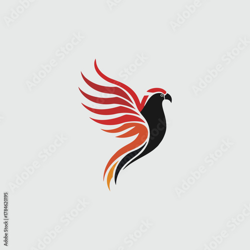 Stylized phoenix bird with red and orange wings on a gray background.