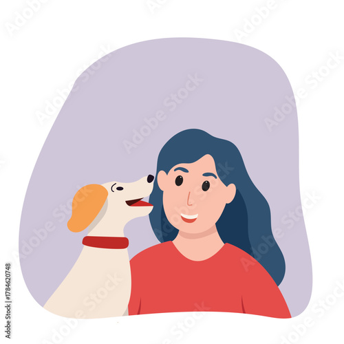 Young woman with cute dog portrait. Happy Pet and owner spending time together. vector illustration