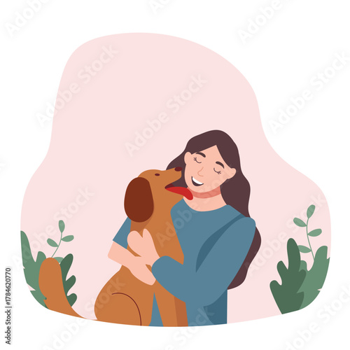 Young woman with cute dog portrait. Happy Pet and owner spending time together. vector illustration