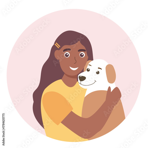 Young woman with cute dog portrait. Happy Pet and owner spending time together. vector illustration