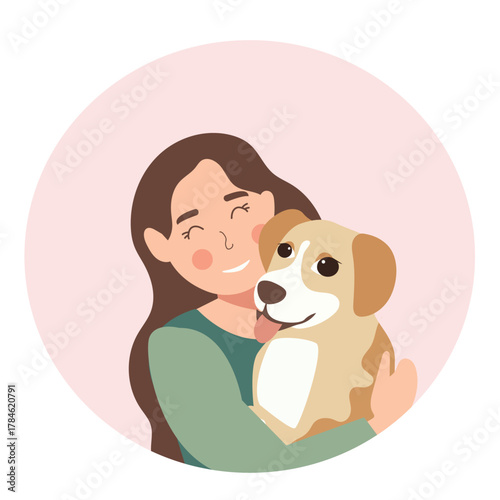 Young woman with cute dog portrait. Happy Pet and owner spending time together. vector illustration