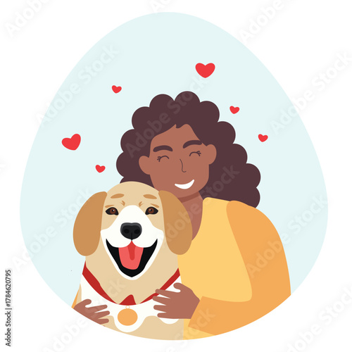 Young woman with cute dog portrait. Happy Pet and owner spending time together. vector illustration