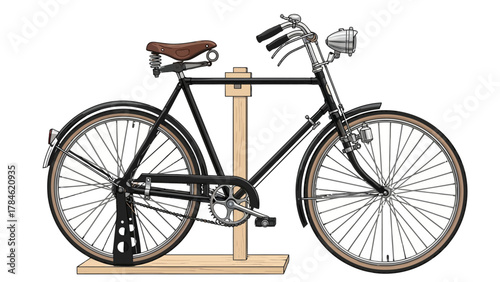 A pixel art depiction of a black bicycle on a wooden stand