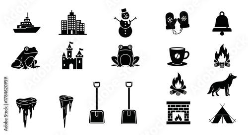 Diverse Winter Icons Ship, Buildings, Snowman, Mittens, Bell, Animals, Castle, Bonfire