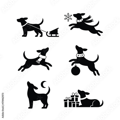 Dog Christmas Activities Silhouette Vector Set