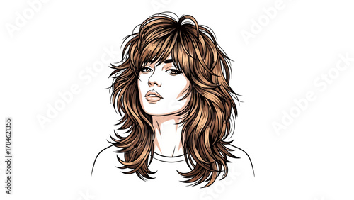 A pixelated portrait of a woman with voluminous brown hair