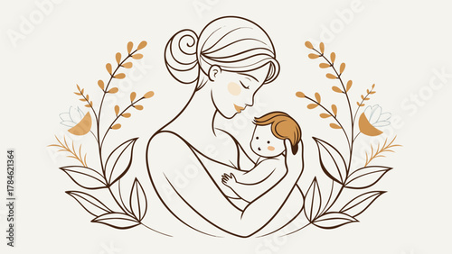 A mother holding her baby surrounded by a vibrant floral design in a stock vector illustration..eps