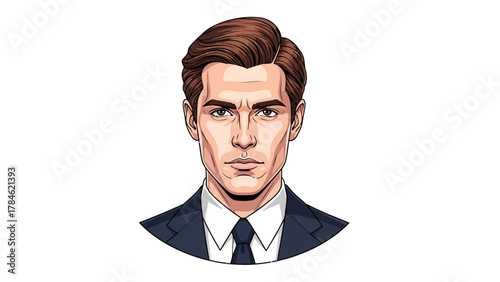 A pixelated portrait of a man in a suit with brown hair and sharp features