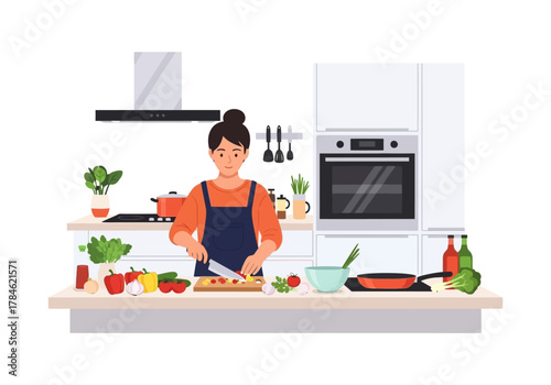 Illustration of a Woman Wearing an Apron Cutting Vegetables on a Modern Kitchen Counter with Full Equipment 