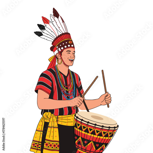 Smiling Garo Man Playing Drum at Wangala Festival in India