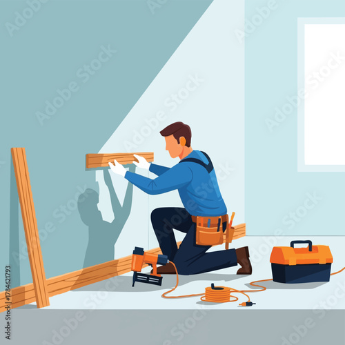 A carpenter installing wooden planks on a wall inside a home, using tools like a nail gun and toolbox for construction.