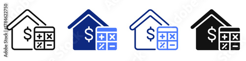 Vector icon or logo of house and calculator related to mortgage and real estate, construction, purchasing and selling a home. Symbol for website or app UI, logo design, illustration