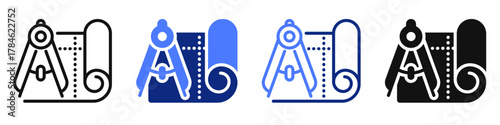 Vector icon or logo of blueprint and compass related to construction industry and real estate, architecture and house building. Symbol for website or app UI, logo design, illustration