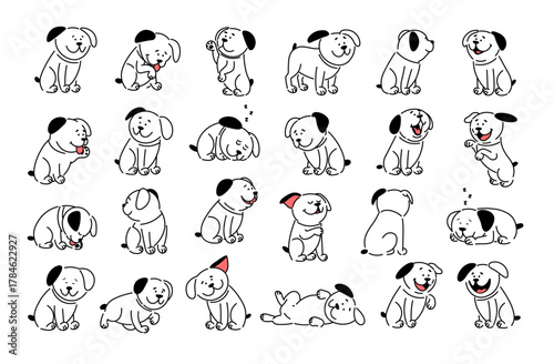 Playful dog character set in line art style